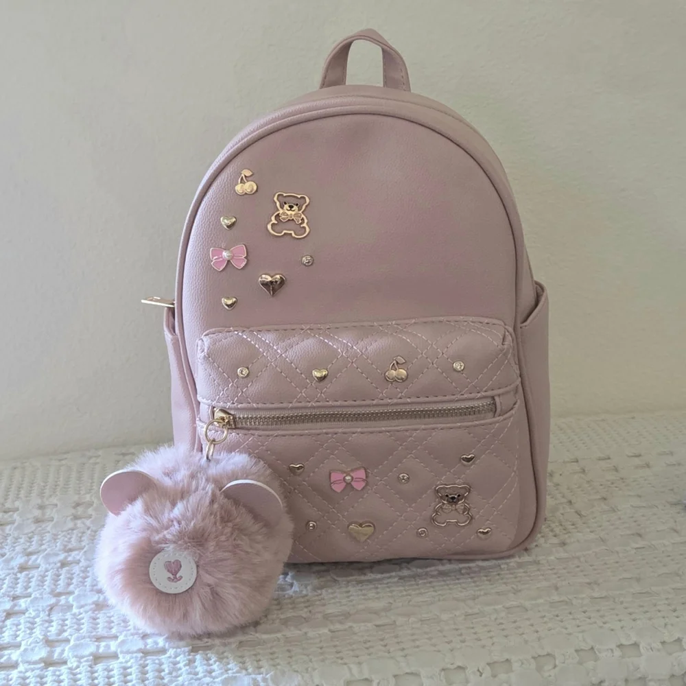 Under One Sky Pink Backpack with Teddy Bear Bow Accents and Charm